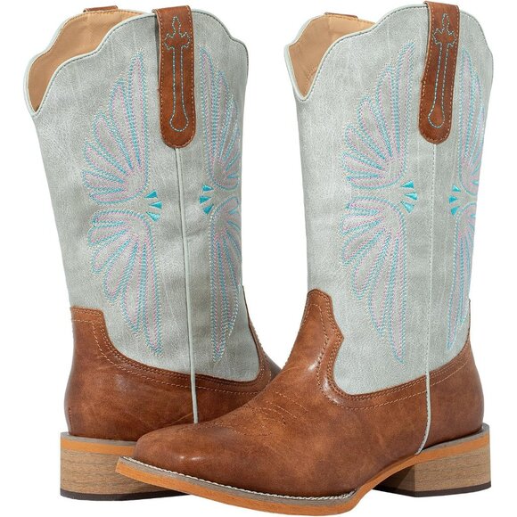 SheSole Western Boots Women Tan Faux Leather Square Toe Wide Mid Calf - Picture 8 of 9